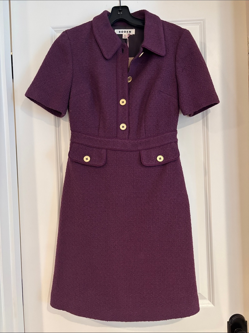 Boden Deep Purple Short-Sleeve Tweed Shift Dress